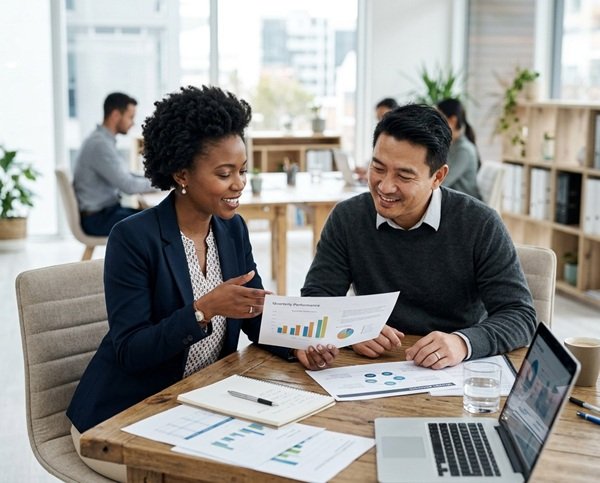 Consultant and business professional reviewing analytics and strategic planning materials