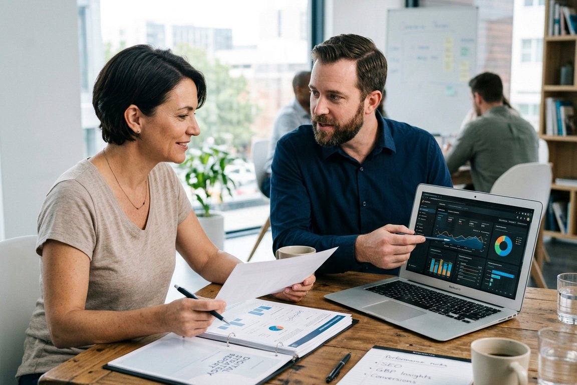 Consultant and small-business owner reviewing website analytics, search visibility, and digital performance